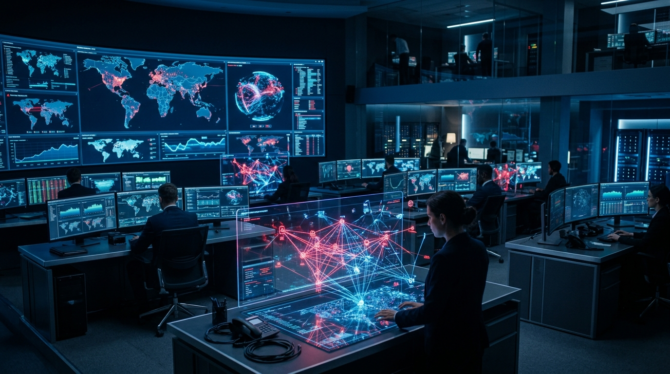 AI Cybersecurity dashboard visualizing real-time threat detection and network defense metrics in an enterprise security center